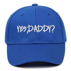 Blue cotton baseball cap with white Yes Daddy embroidery in a classic six-panel design
