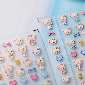 3D cartoon bear nail art stickers with hearts and bows in pastel macaron colors
