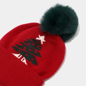 Details der roten Weihnachts-Strickmütze mit grünem Bommel und Tannenbaum-Motiv