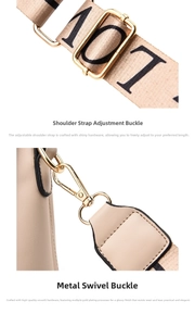 Detail of adjustable beige woven strap with premium gold-plated hardware and 107 print