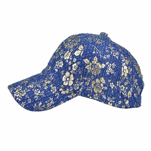 Close-up of navy blue tweed baseball cap with luxury gold floral embroidery
