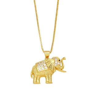 Golden elephant necklace with micro-set zircons and textured finish on box chain
