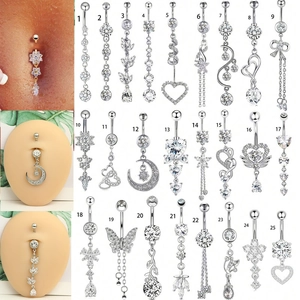 Belly Button Ring Stainless Steel Copper Navel Piercing Jewelry Dangle Heart Butterfly Moon Zircon Inlaid Elegant Silver