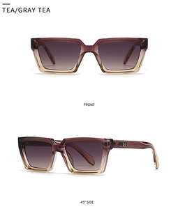 Detailed front and 45-degree side view of square gradient tea sunglasses with arrow trim