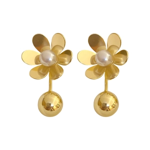 Elegant gold flower earrings with central pearl and metallic sphere drop on white background
