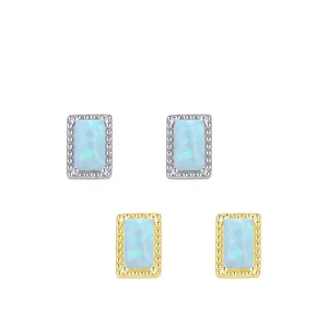 Elegant S925 sterling silver rectangular opal stud earrings with beaded edge design