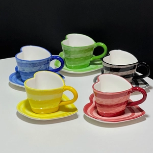Heart Shaped Ceramic Coffee Cup And Saucer Underglaze Hand Painted Striped Afternoon Tea Mug For Office And Home