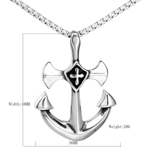Men's stainless steel anchor pendant necklace with cross detail and dimensions