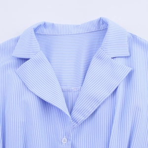 Short blue and white striped shirt for women with a lapel collar and waist belt