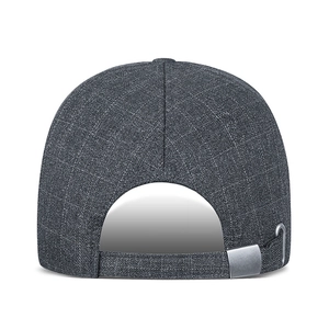 Rear view of dark grey plaid baseball cap with adjustable metal buckle for custom fit
