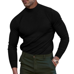Close-up of black men's long-sleeve thermal shirt showing fine knit texture and half turtleneck