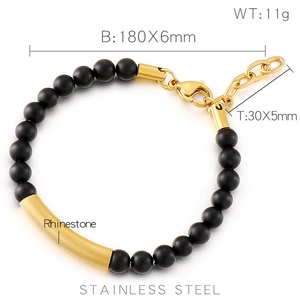 6mm black agate beaded bracelet with gold stainless steel rhinestone curved tube