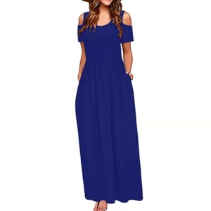 Dark blue cold shoulder maxi dress with short sleeves and a casual crew neck style