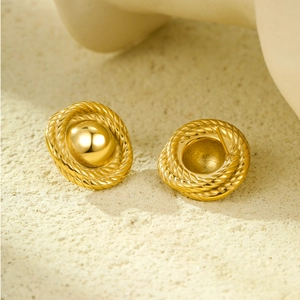 Chic 18K gold plated stainless steel twisted rope earrings with round studs for women