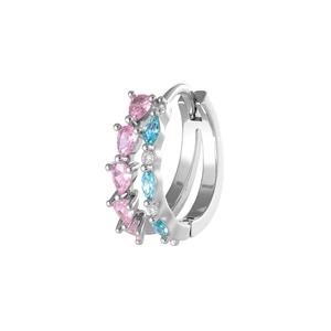 Double row silver hoop earrings with pink and blue pear-cut zircon crystals