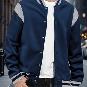 Men's casual varsity jacket in navy blue and grey colorblock with ribbed trim details