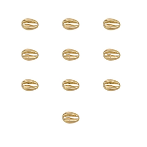Detailed close-up of ten gold-colored shell charms for DIY jewelry and hair accessories