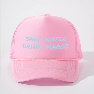 Pink trucker hat featuring Save Water Drink Margs slogan with breathable mesh back panel
