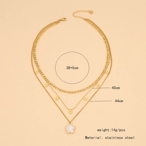Triple-layer gold stainless steel necklace with flower pendants and length dimensions