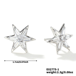 Macro detail of silver flower stud earrings with sparkling cubic zirconia and dimensions