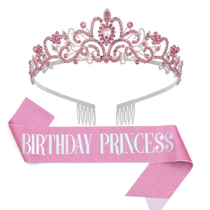 Birthday Princess Rhinestone Tiara Crown And Glitter Sash For Girls Women Sweet Birthday Party Decorations Accessories