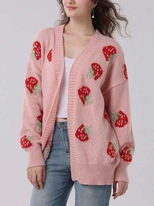 Pink oversized knitted cardigan with red strawberry patterns and V-neck for women