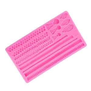 Pink silicone fondant mold featuring knitted rope, tassel, and feather textures for cake decor