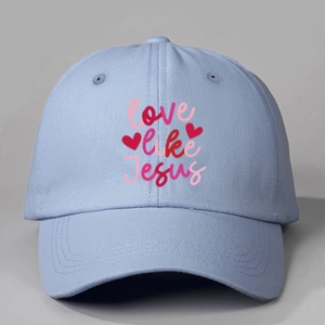 Light blue baseball cap with love like Jesus print and heart embroidery for daily wear