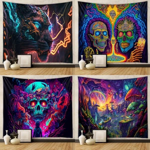 Psychedelic Tapestry Polyester Wall Hanging Mushroom Skull Neon Art Home Decor For Bedroom Living Room Backdrop