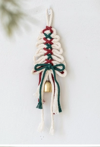 Handmade macrame Christmas tree wall hanging with red green rope and golden bell decoration