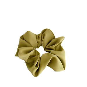 Olive green double-sided satin scrunchie with silky finish for elegant hair styling