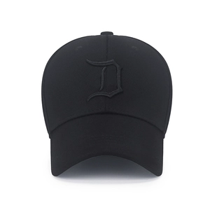 Black stretch fitted baseball cap with gothic 3D embroidered D letter on white background