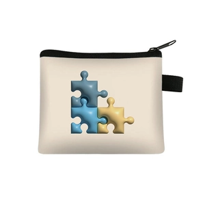 Detail of cute beige coin purse with 3D puzzle floral print and black zipper closure