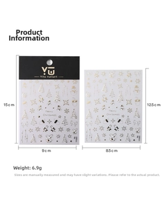 Detail of Christmas nail stickers with gold snowman and tree patterns and dimensions