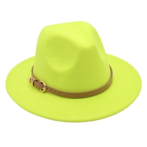Top view of neon green fedora hat featuring wide brim and brown leather strap buckle