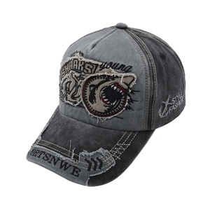 Detail of distressed embroidery and shark patch on vintage washed baseball cap