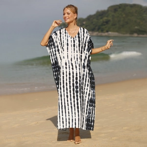 Long black and white tie-dye kaftan beach cover-up with V-neck for summer vacations