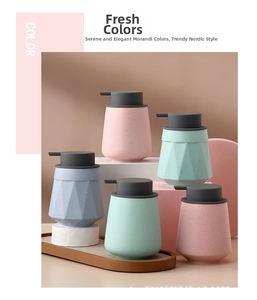 Close-up of Nordic ceramic soap dispensers in Morandi colors with matte mineral textures
