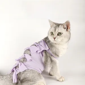 Detailed view of lavender striped cat recovery suit with purple silk ribbon bow fasteners