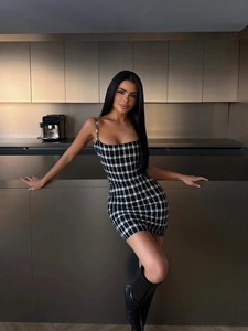 Black White Plaid Midi Dress Cotton Blend Camisole Sleeveless V Neck High Waist Bodycon Slim Fit Fashion Women