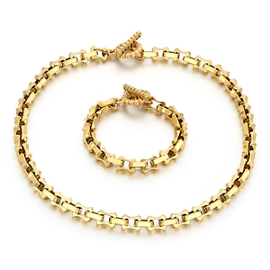 Polished gold curved bamboo chain necklace and bracelet set with toggle T-bar clasp