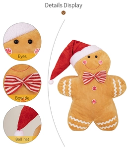 Detail display of ginger man plush with close-ups of eyes, bow tie, and hat ball textures