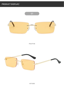 Front and 45-degree side views of C1 frameless rectangular sunglasses with amber lenses