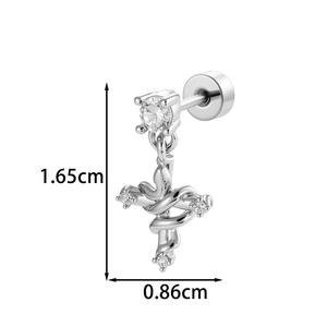 Silver snake cross earring with pavé zircon stones on white background, 1.65cm length
