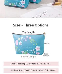 Size guide for floral waterproof PU cosmetic bags showing small and medium dimensions