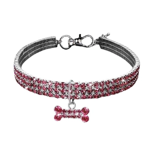 Elastic 3-row pink rhinestone pet collar with a sparkling bone pendant on white background