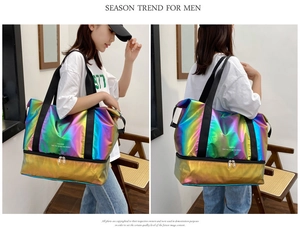 Detailed view of holographic gym bag showing a separate shoe compartment and wet pocket