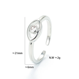 Macro shot of silver evil eye open ring showing dimensions 21mm height and 6mm width