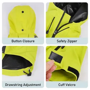 Waterproof neon pet raincoat featuring functional hood, zipper, drawstring, and velcro cuffs