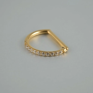 Macro detail of golden D-shaped clicker ring with micro-pave white zircon stones